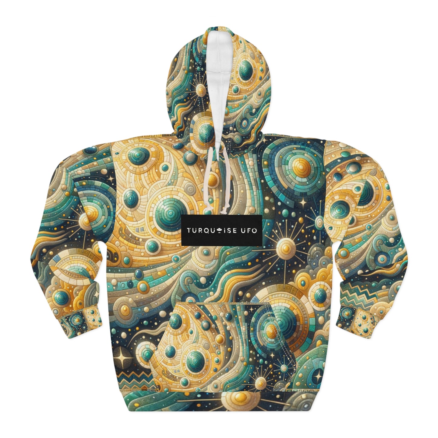 Space Adventure Unisex Pullover Hoodie - Golden and Turquoise UFO Pattern