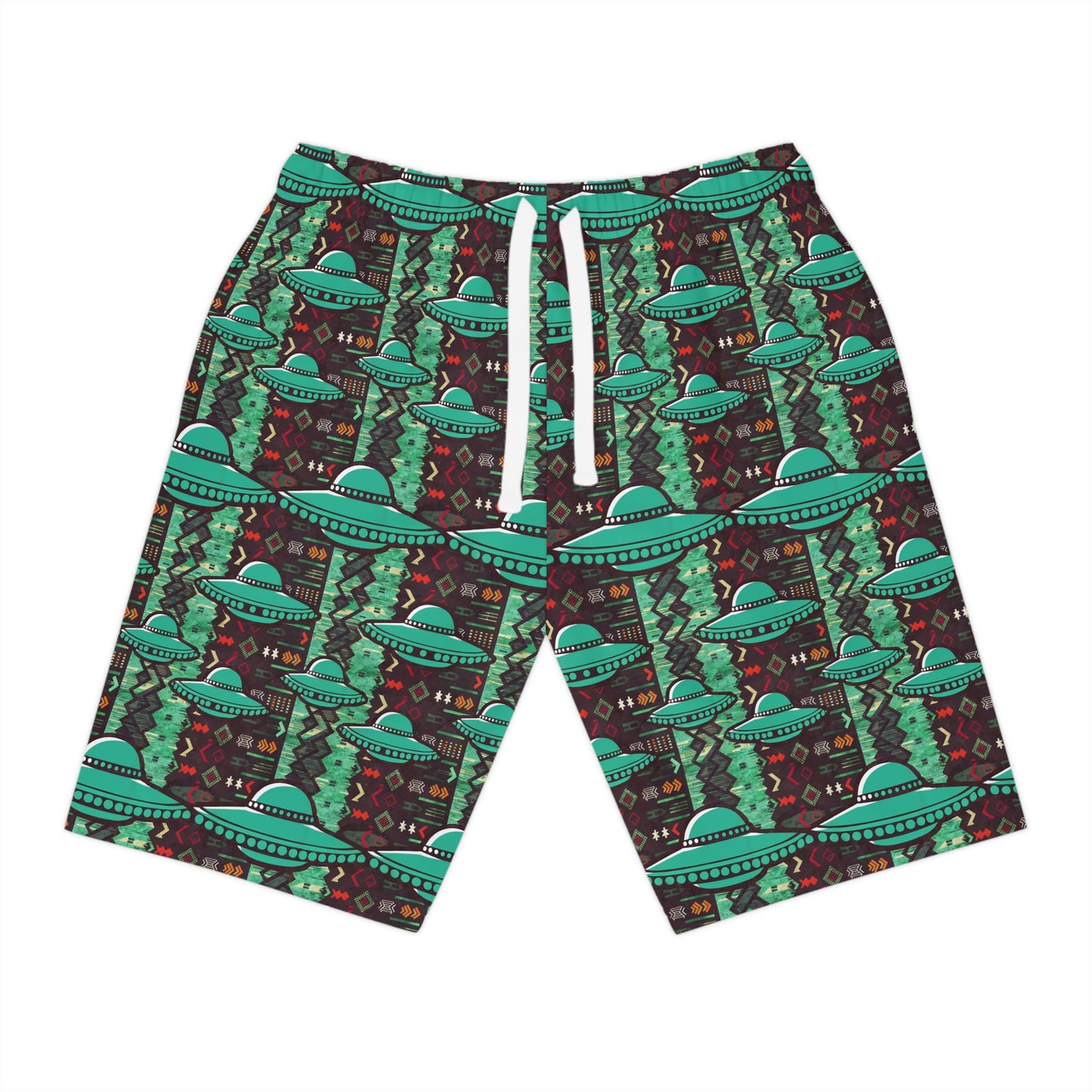 Southwestern UFO Patterned Print Athletic Long Shorts for Summer UFO Events