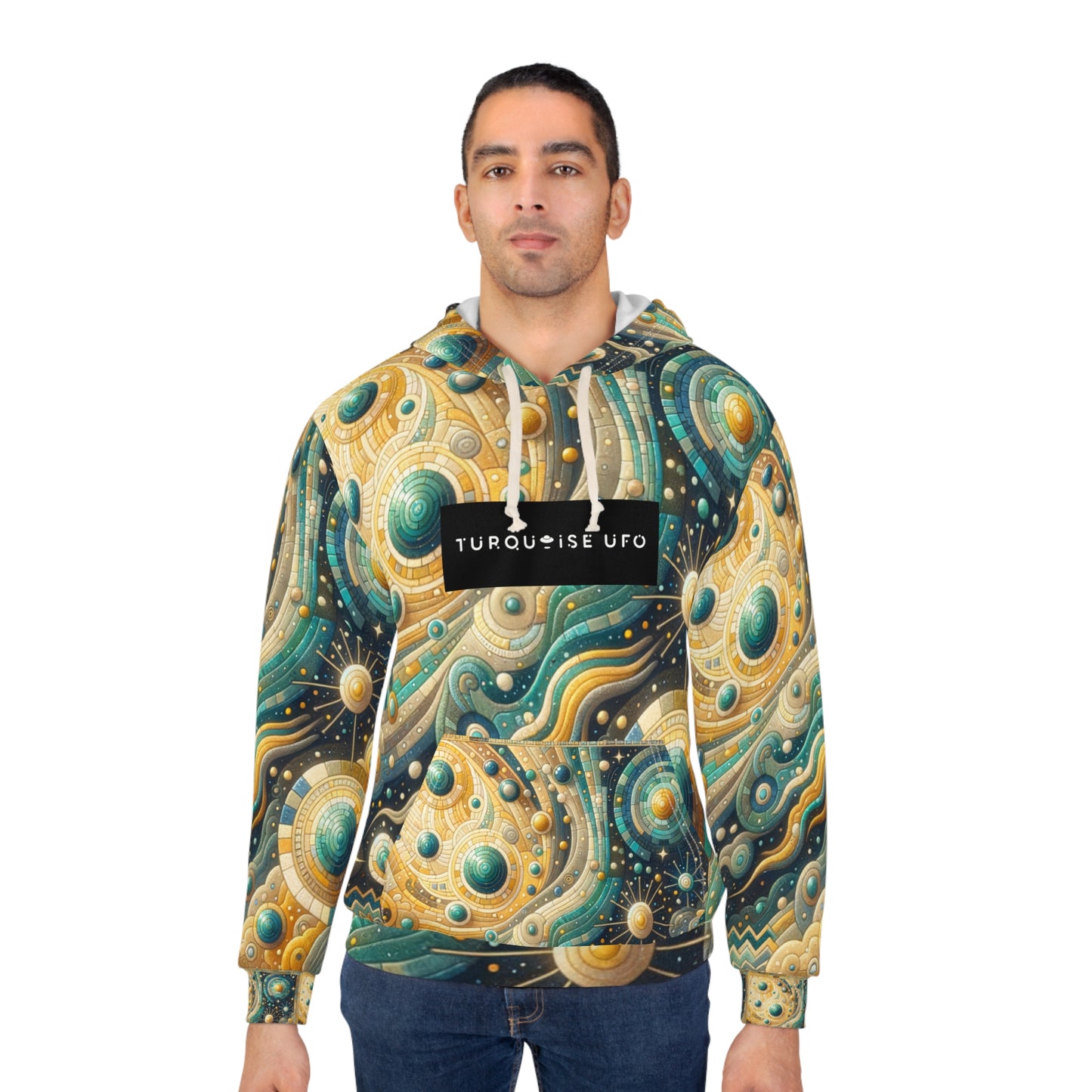 Space Adventure Unisex Pullover Hoodie - Golden and Turquoise UFO Pattern
