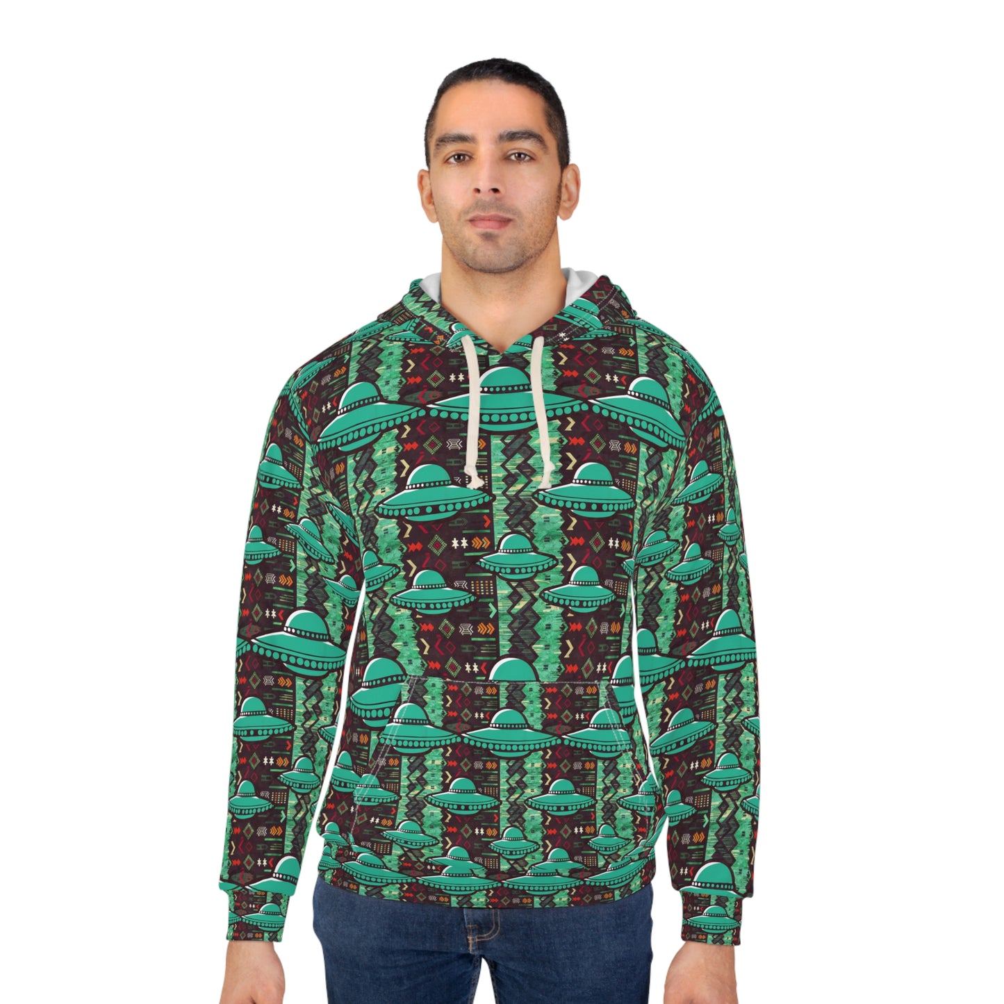 Southwestern Turquoise UFO Unisex Pullover Hoodie - Trendy Alien Print for Space Enthusiasts