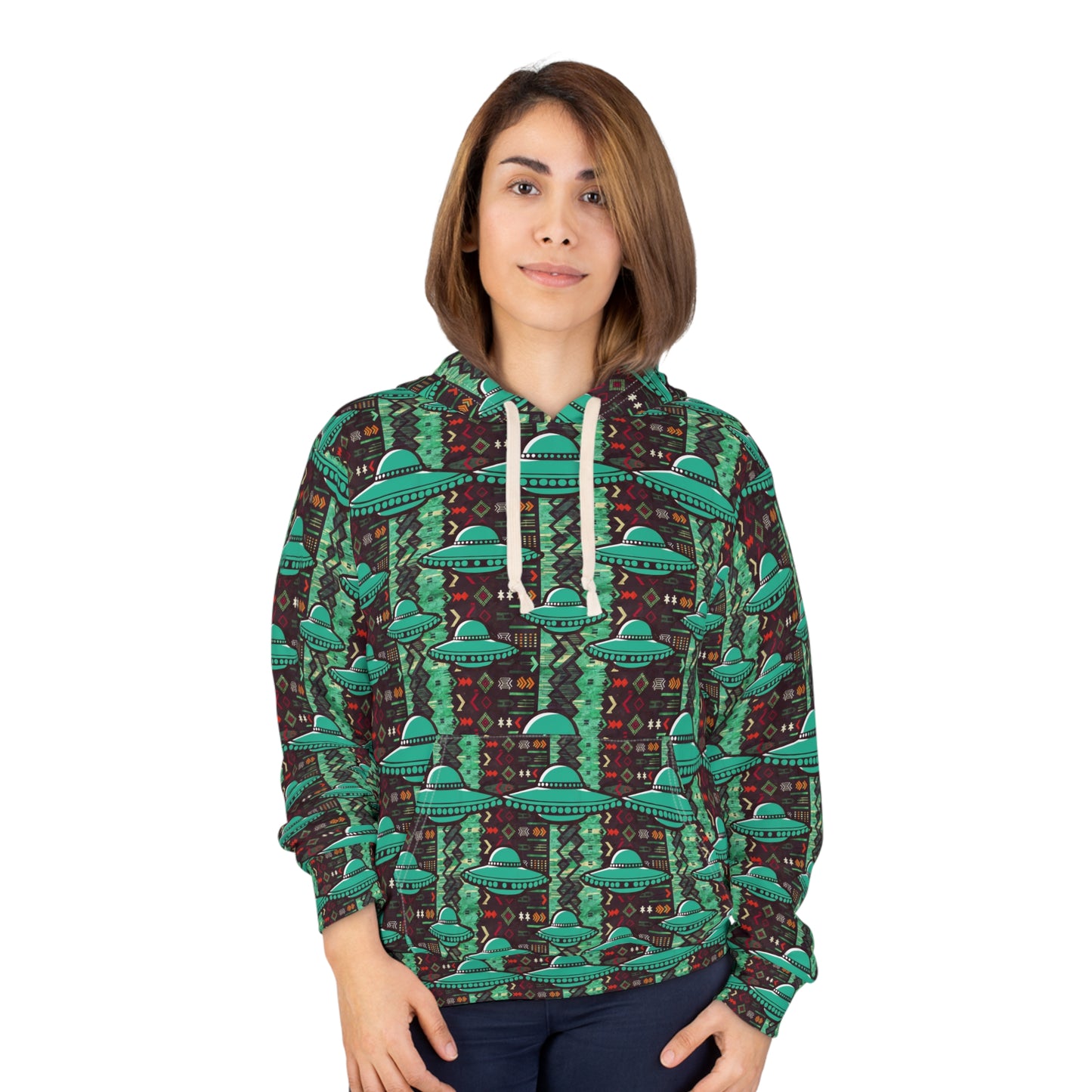 Southwestern Turquoise UFO Unisex Pullover Hoodie - Trendy Alien Print for Space Enthusiasts