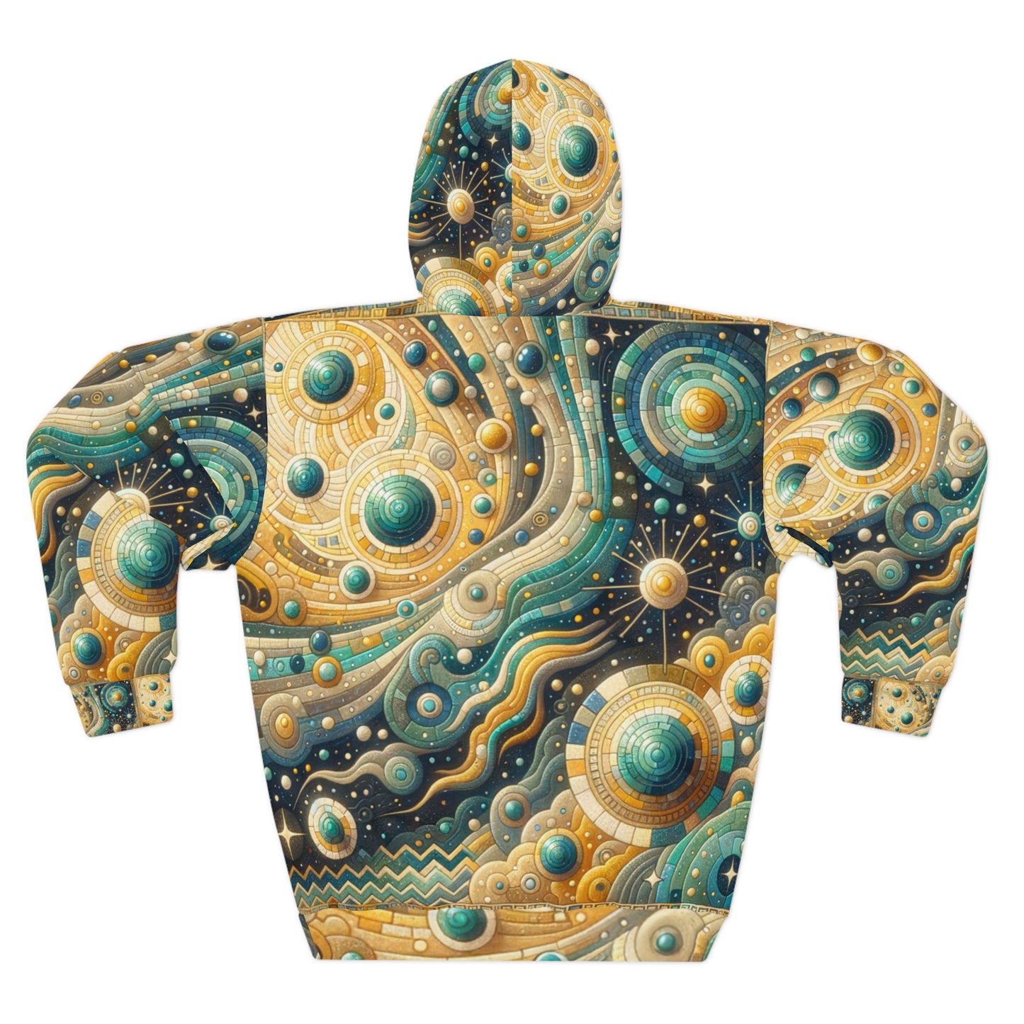 Space Adventure Unisex Pullover Hoodie - Golden and Turquoise UFO Pattern