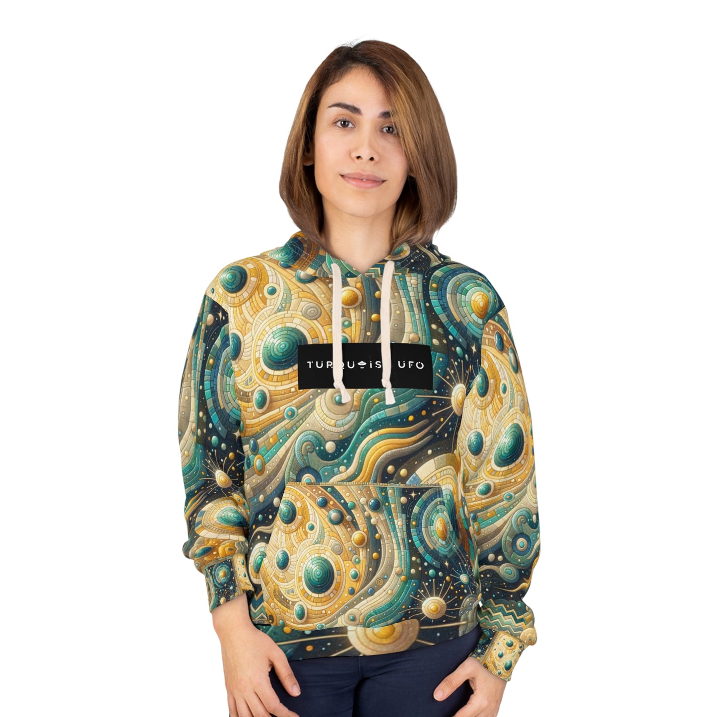 Space Adventure Unisex Pullover Hoodie - Golden and Turquoise UFO Pattern