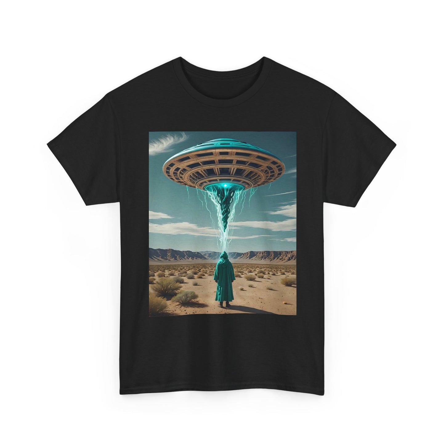Mystery Man Unisex Heavy Cotton Tee - Turquoise UFO Design, Retro Alien Vibe