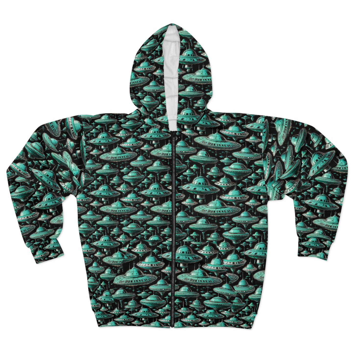 Turquoise UFO Unisex Zip Hoodie – Perfect for Sci-Fi Lovers & Casual Style