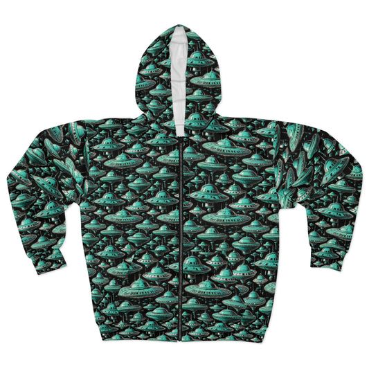 Turquoise UFO Unisex Zip Hoodie – Perfect for Sci-Fi Lovers & Casual Style