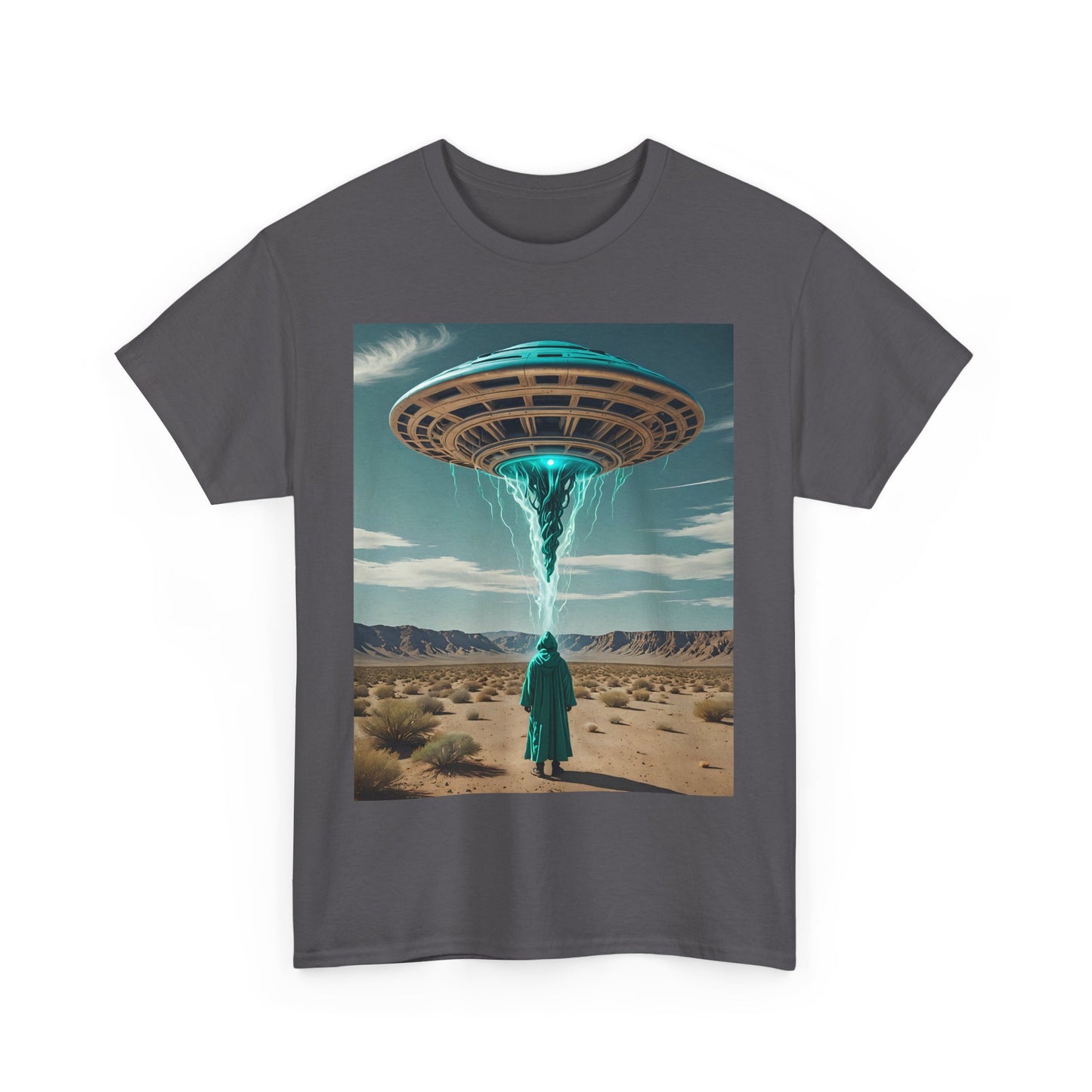 Mystery Man Unisex Heavy Cotton Tee - Turquoise UFO Design, Retro Alien Vibe