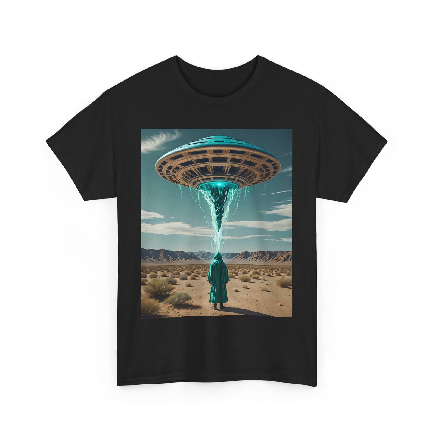 Mystery Man Unisex Heavy Cotton Tee - Turquoise UFO Design, Retro Alien Vibe