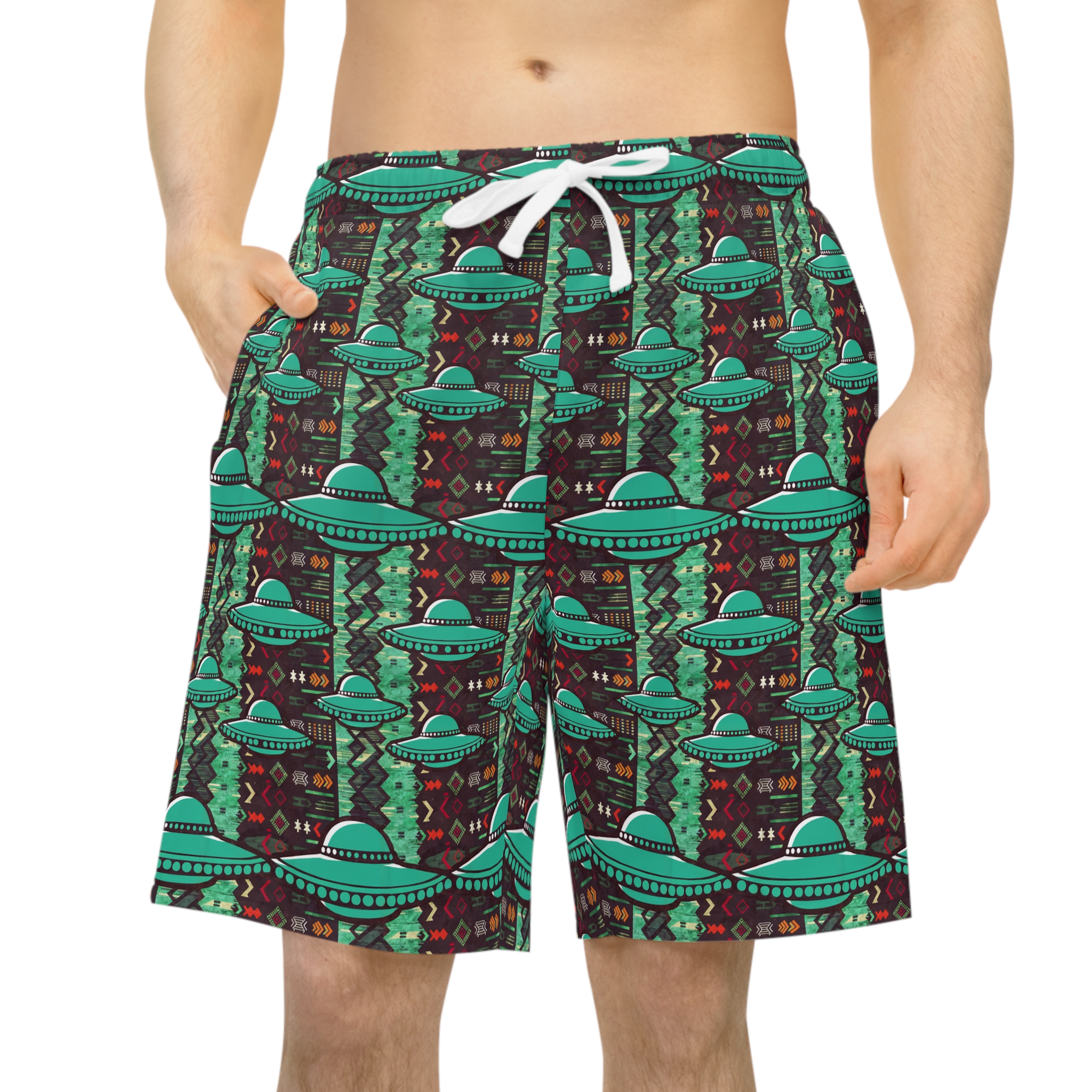 Southwestern UFO Patterned Print Athletic Long Shorts for Summer UFO Events - Image 3