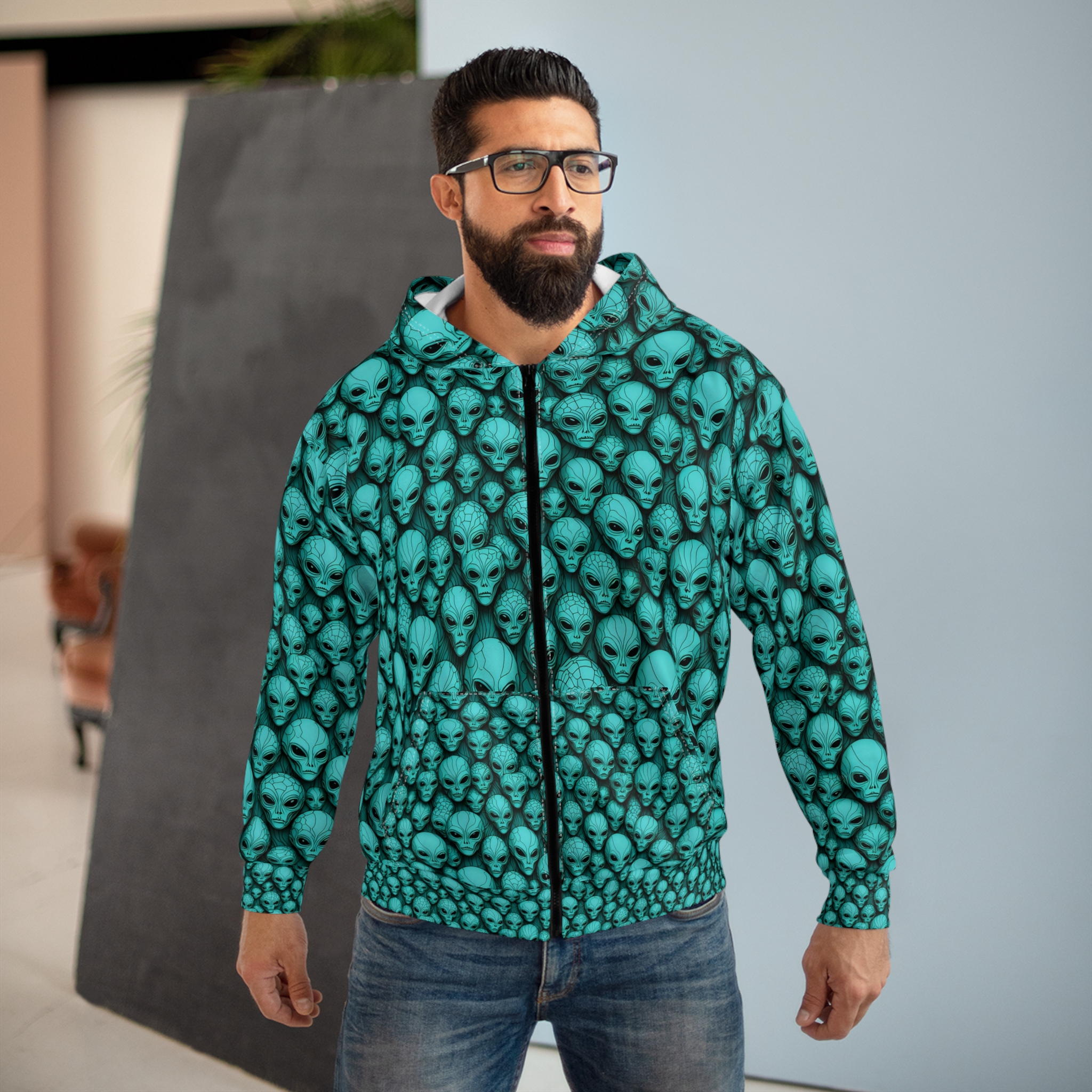 Alien Faces Unisex Zip Hoodie - Cosmic Comfort for Sci-Fi Lovers - Image 3