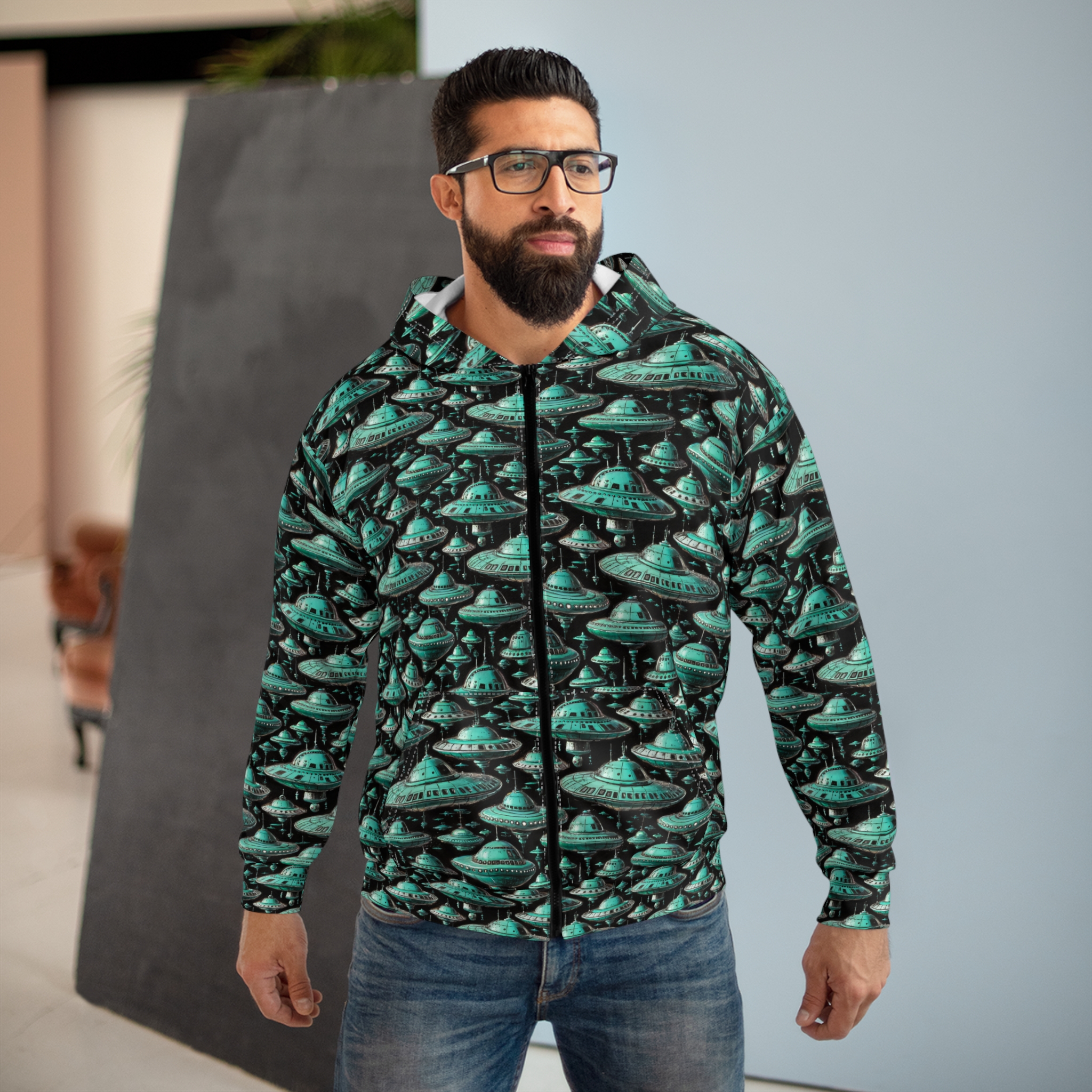 Turquoise UFO Unisex Zip Hoodie – Perfect for Sci-Fi Lovers & Casual Style - Image 3