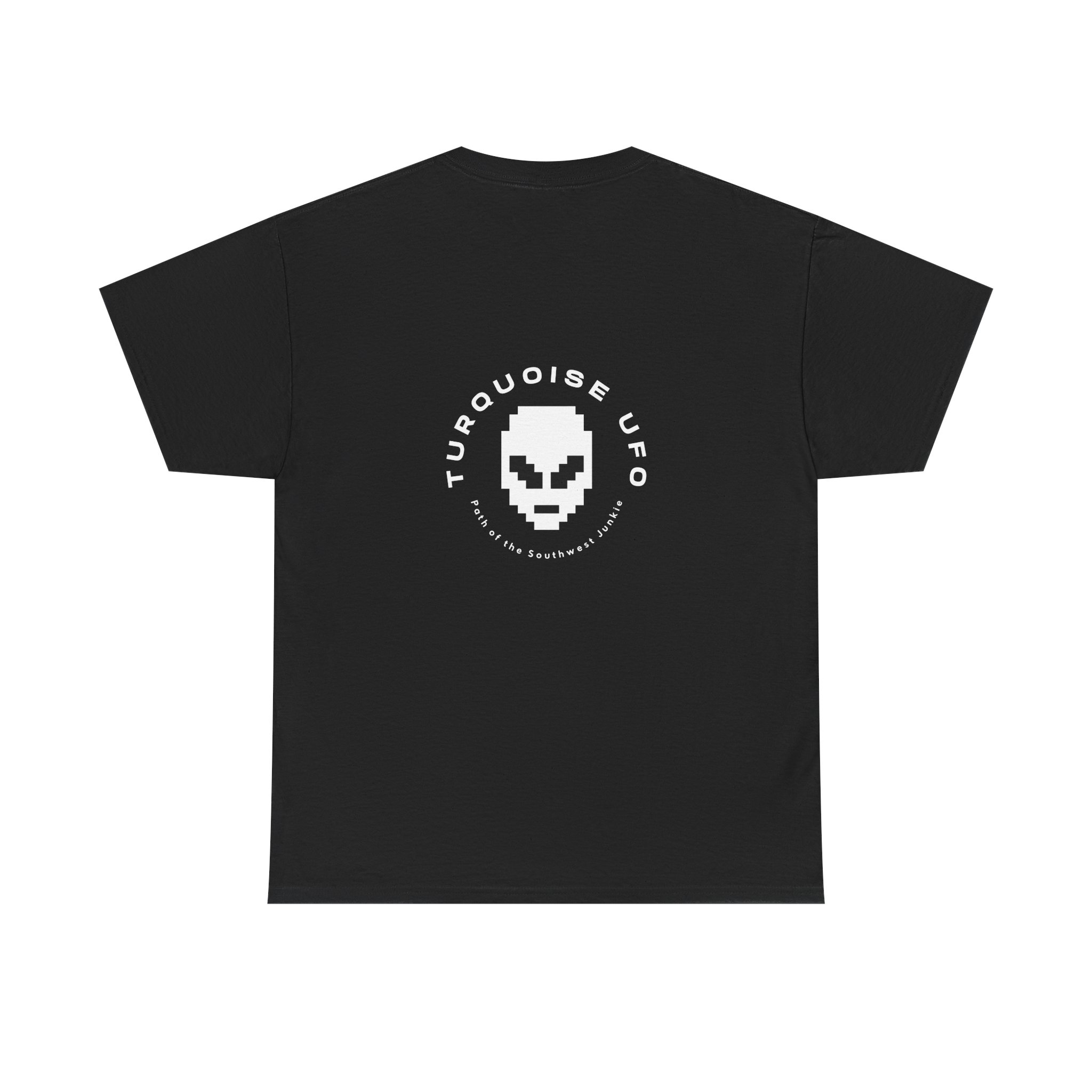 Mystery Man Unisex Heavy Cotton Tee - Turquoise UFO Design, Retro Alien Vibe - Image 2