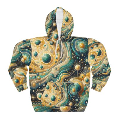 Space Adventure Unisex Pullover Hoodie - Golden and Turquoise UFO Pattern