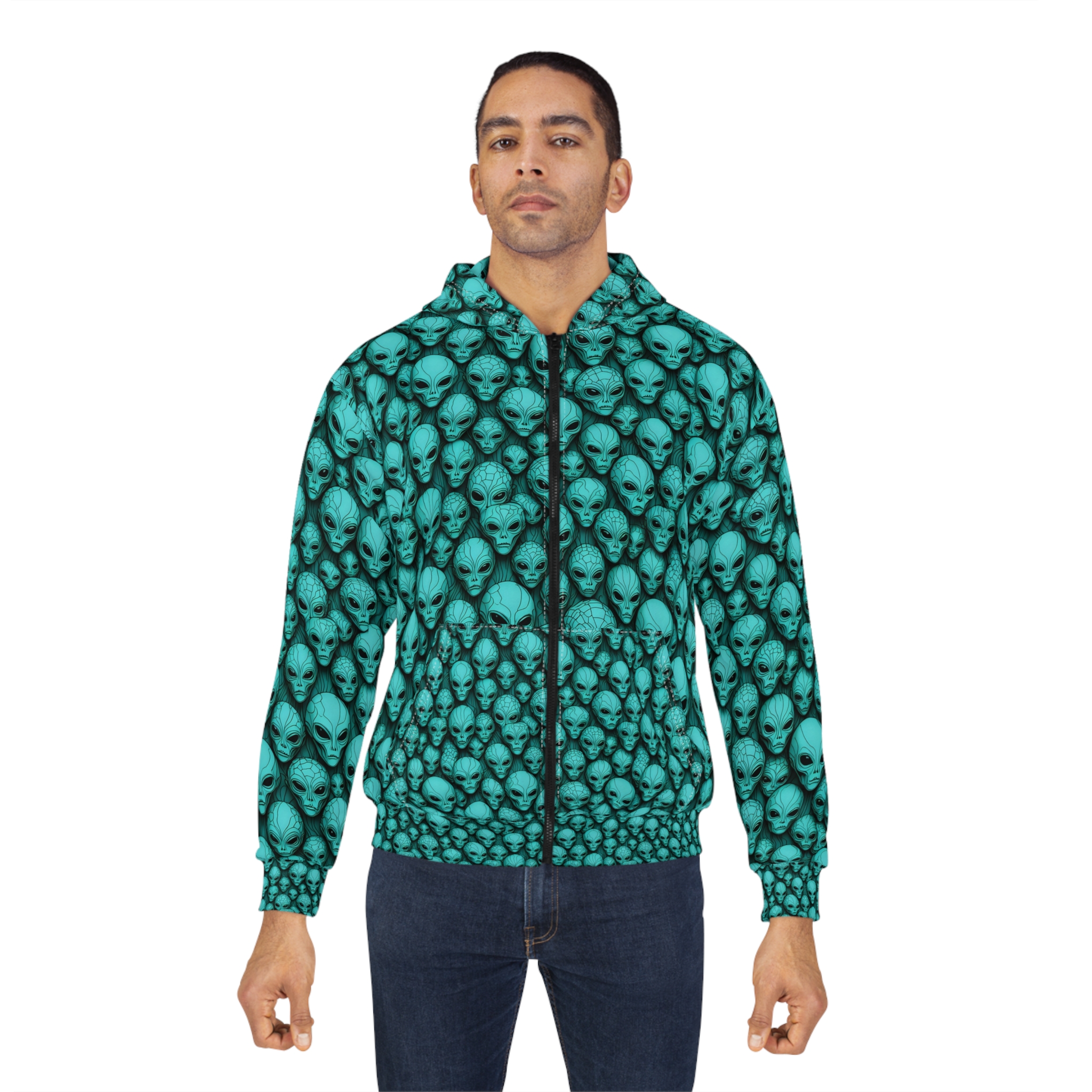 Alien Faces Unisex Zip Hoodie - Cosmic Comfort for Sci-Fi Lovers - Image 4