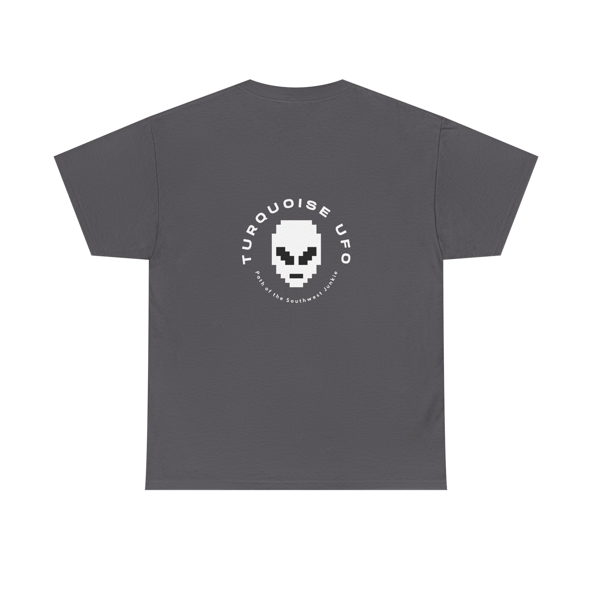 Mystery Man Unisex Heavy Cotton Tee - Turquoise UFO Design, Retro Alien Vibe - Image 6