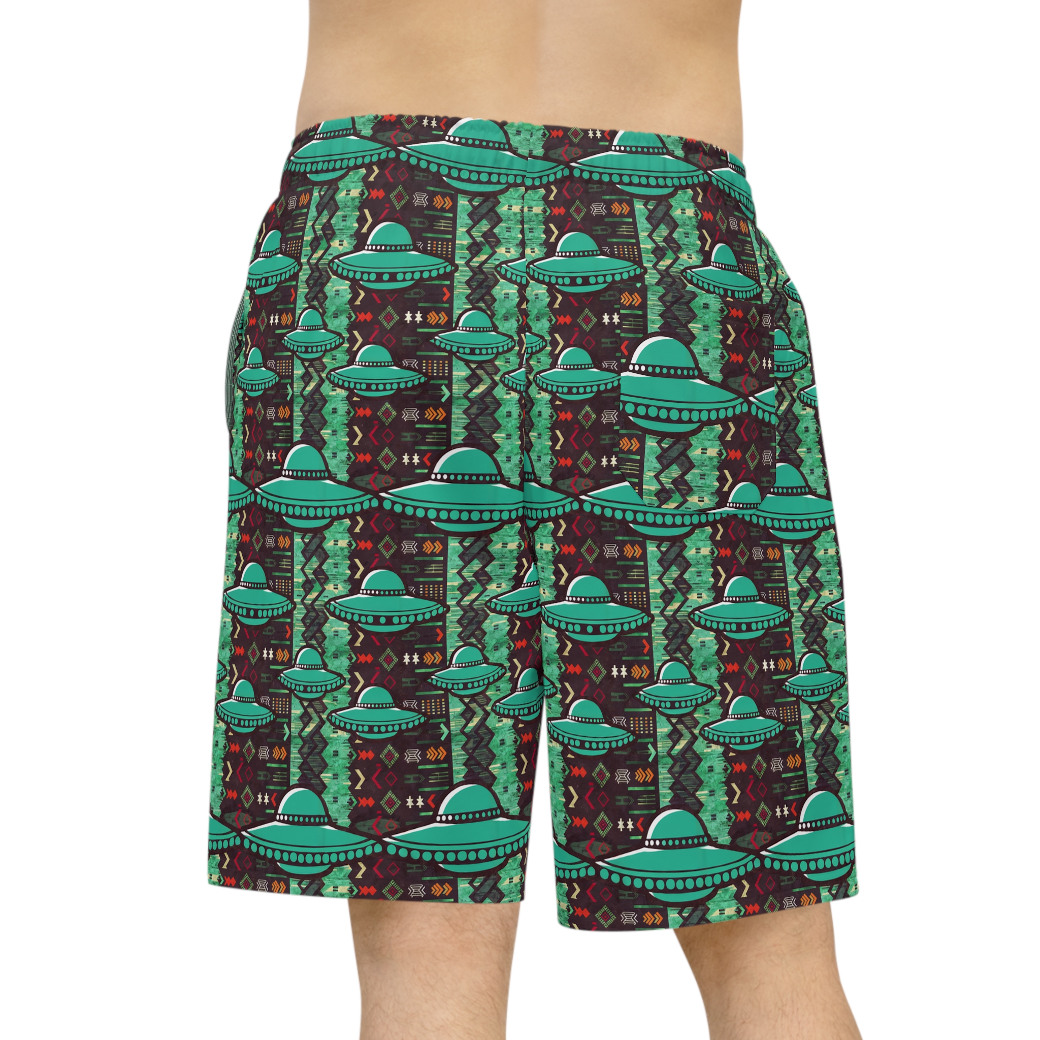 Southwestern UFO Patterned Print Athletic Long Shorts for Summer UFO Events - Image 4