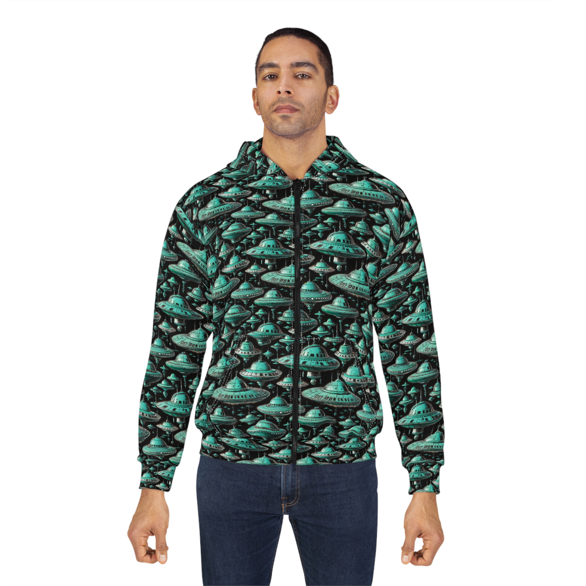 Turquoise UFO Unisex Zip Hoodie – Perfect for Sci-Fi Lovers & Casual Style - Image 4