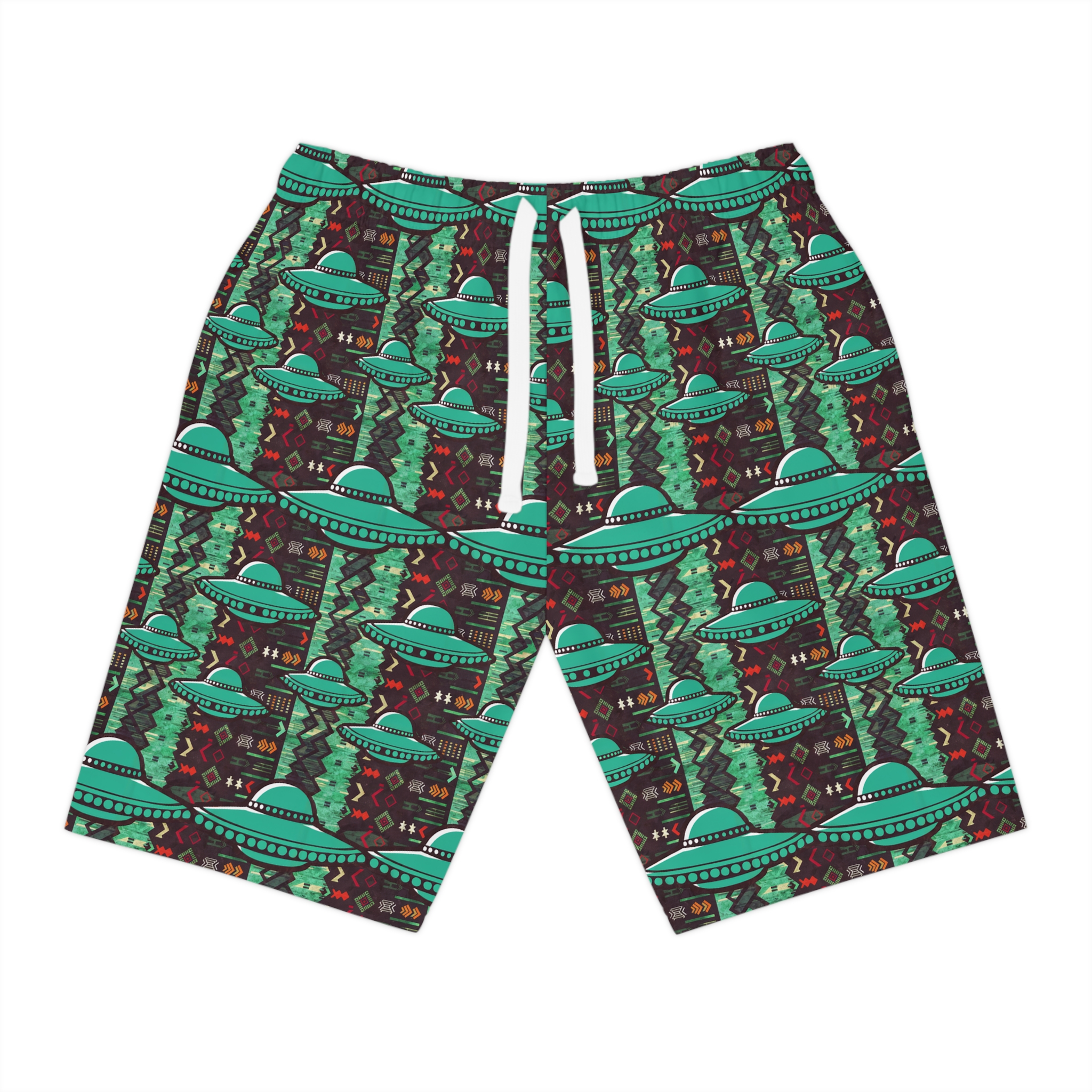 Southwestern UFO Patterned Print Athletic Long Shorts for Summer UFO Events