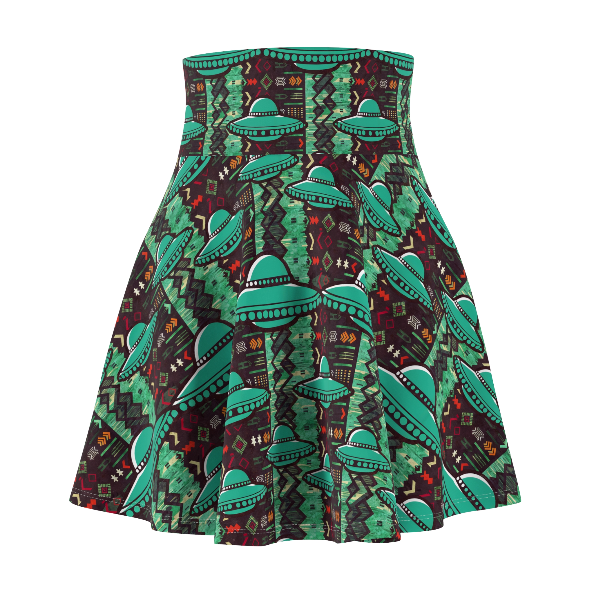 Southwestern UFO Pattern Women's Skater Skirt - Fun Retro Fashion