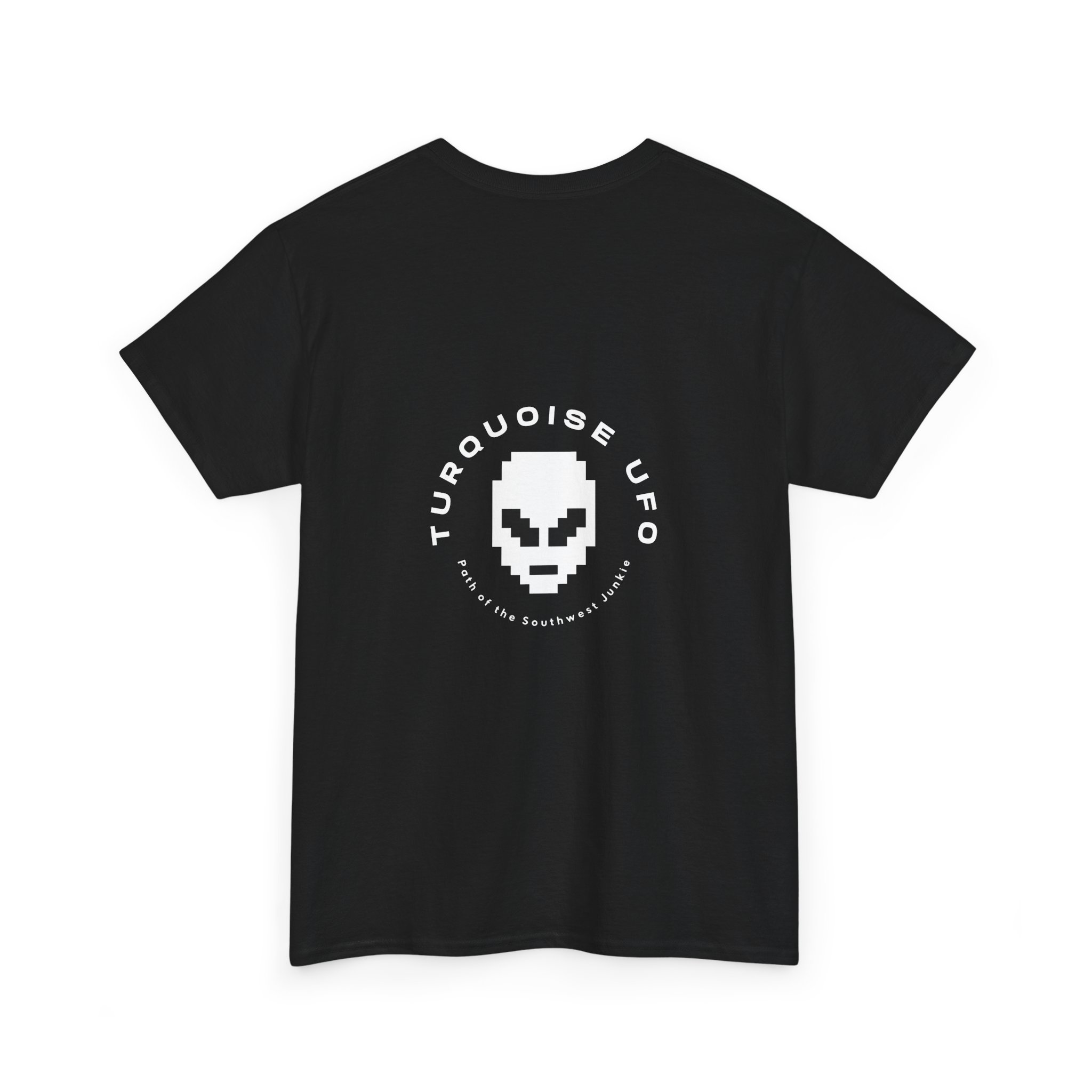 Mystery Man Unisex Heavy Cotton Tee - Turquoise UFO Design, Retro Alien Vibe - Image 4