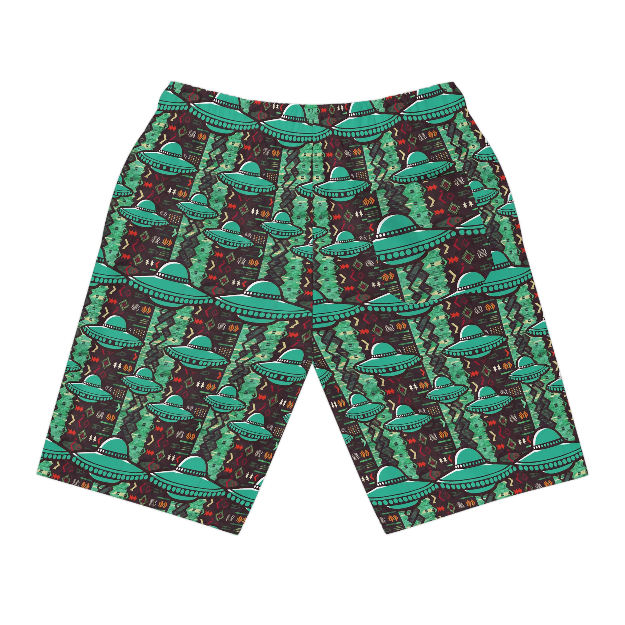 Southwestern UFO Patterned Print Athletic Long Shorts for Summer UFO Events - Image 2