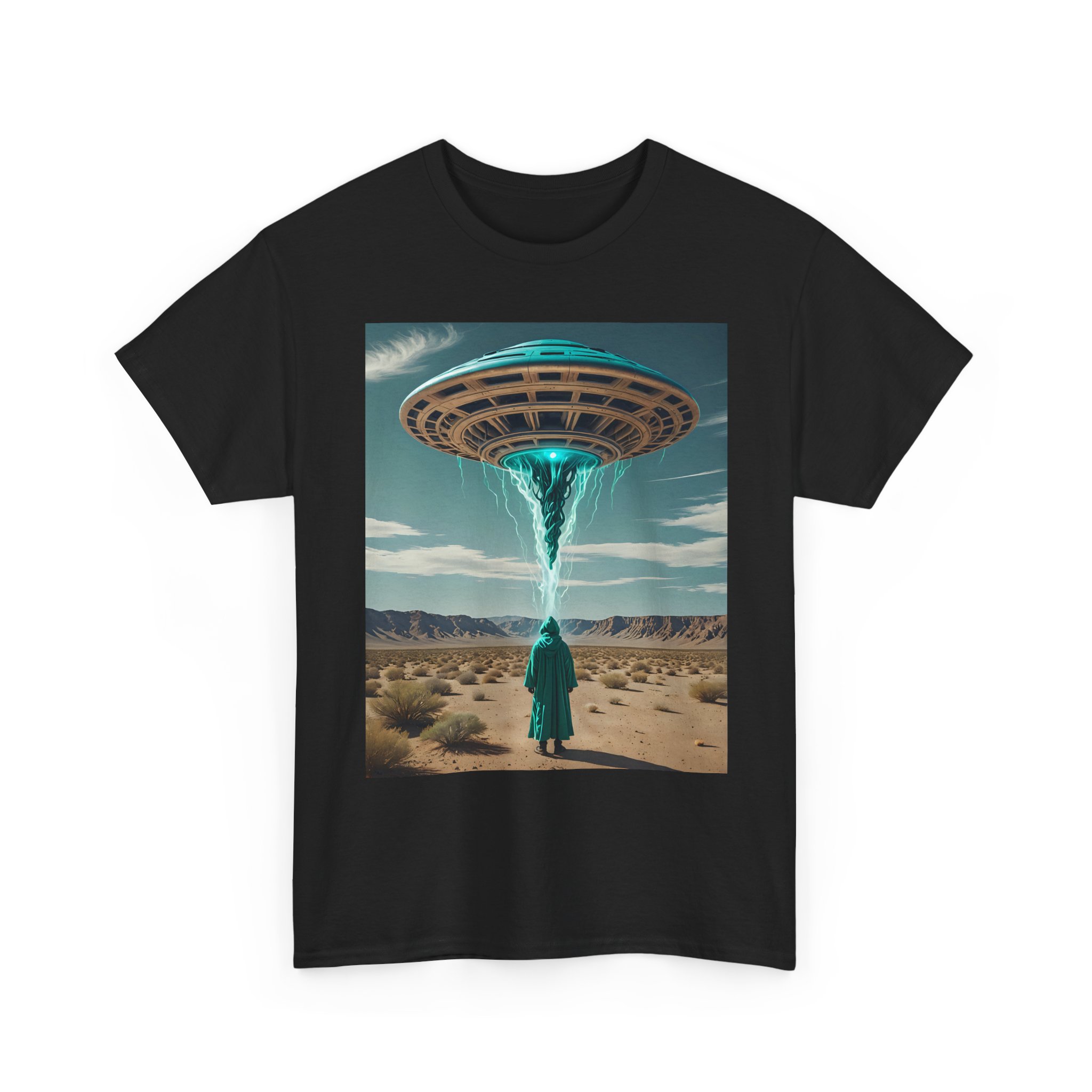 Mystery Man Unisex Heavy Cotton Tee - Turquoise UFO Design, Retro Alien Vibe - Image 3