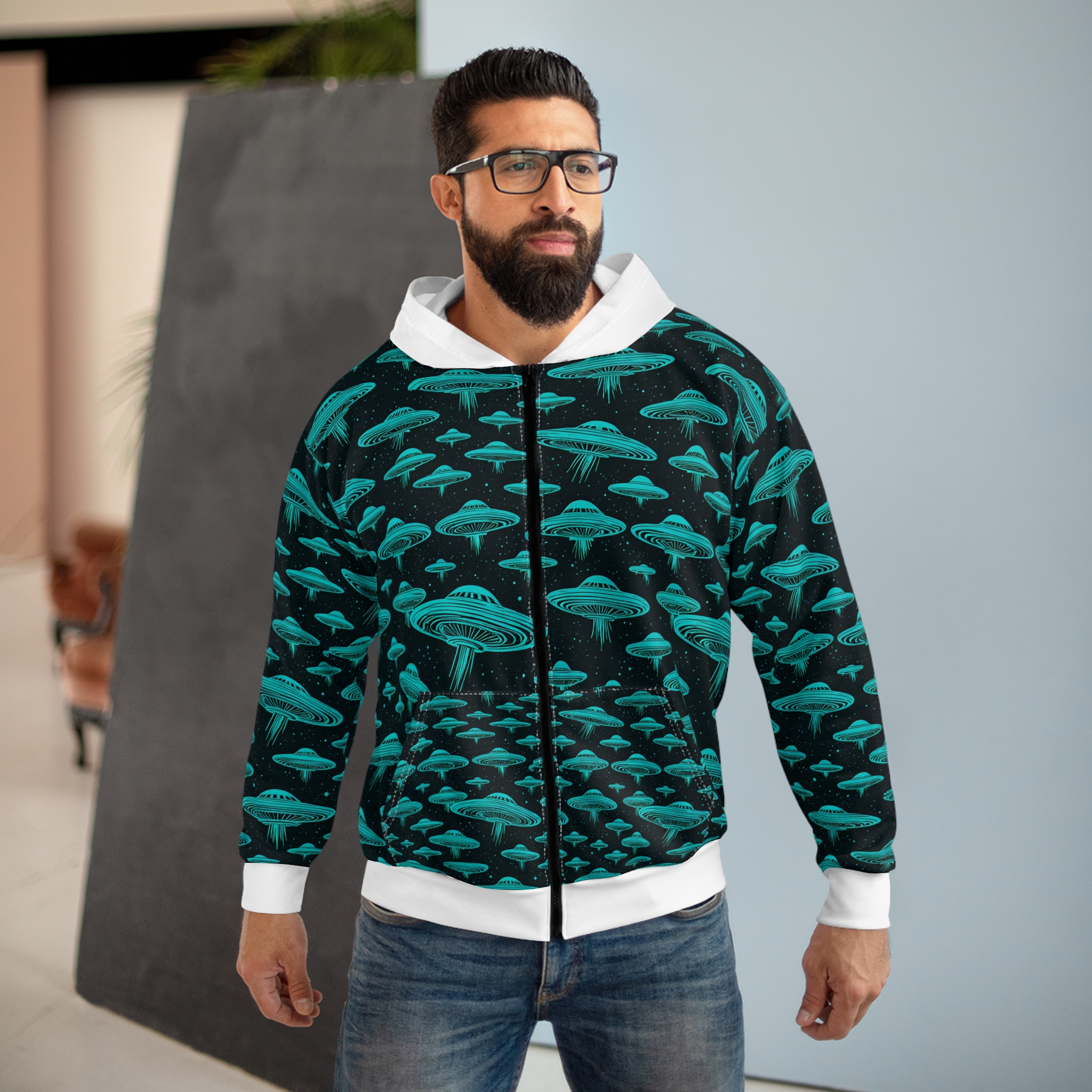 Cosmic UFO Unisex Zip Hoodie - Stylish & Fun Outerwear - Image 3