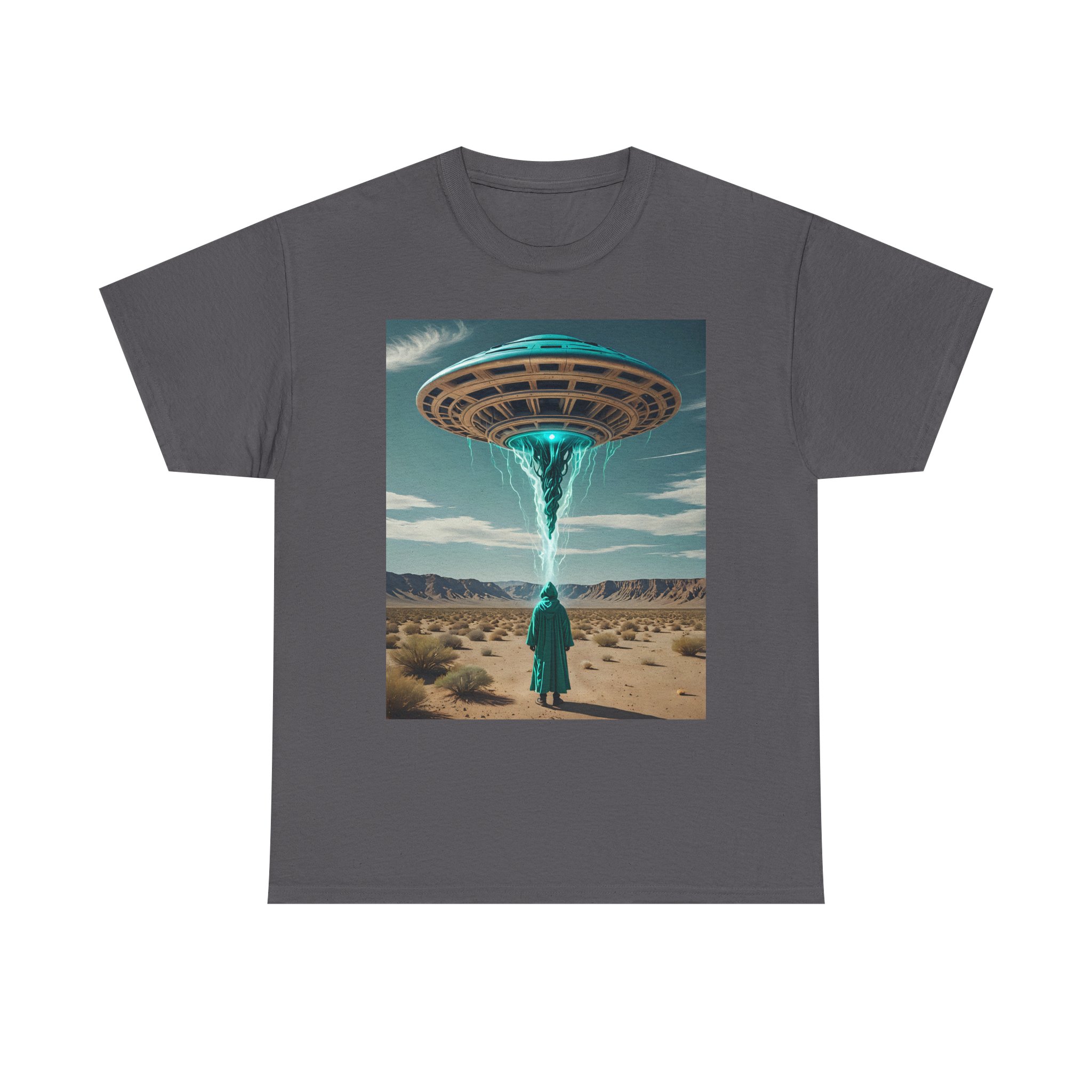 Mystery Man Unisex Heavy Cotton Tee - Turquoise UFO Design, Retro Alien Vibe - Image 5
