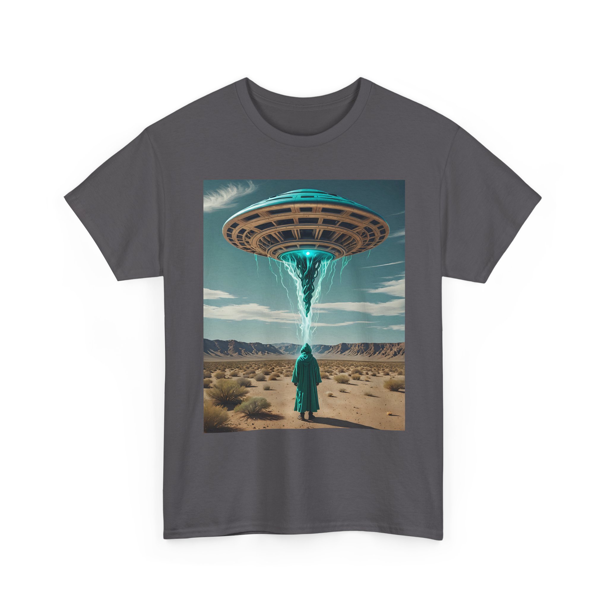 Mystery Man Unisex Heavy Cotton Tee - Turquoise UFO Design, Retro Alien Vibe - Image 7