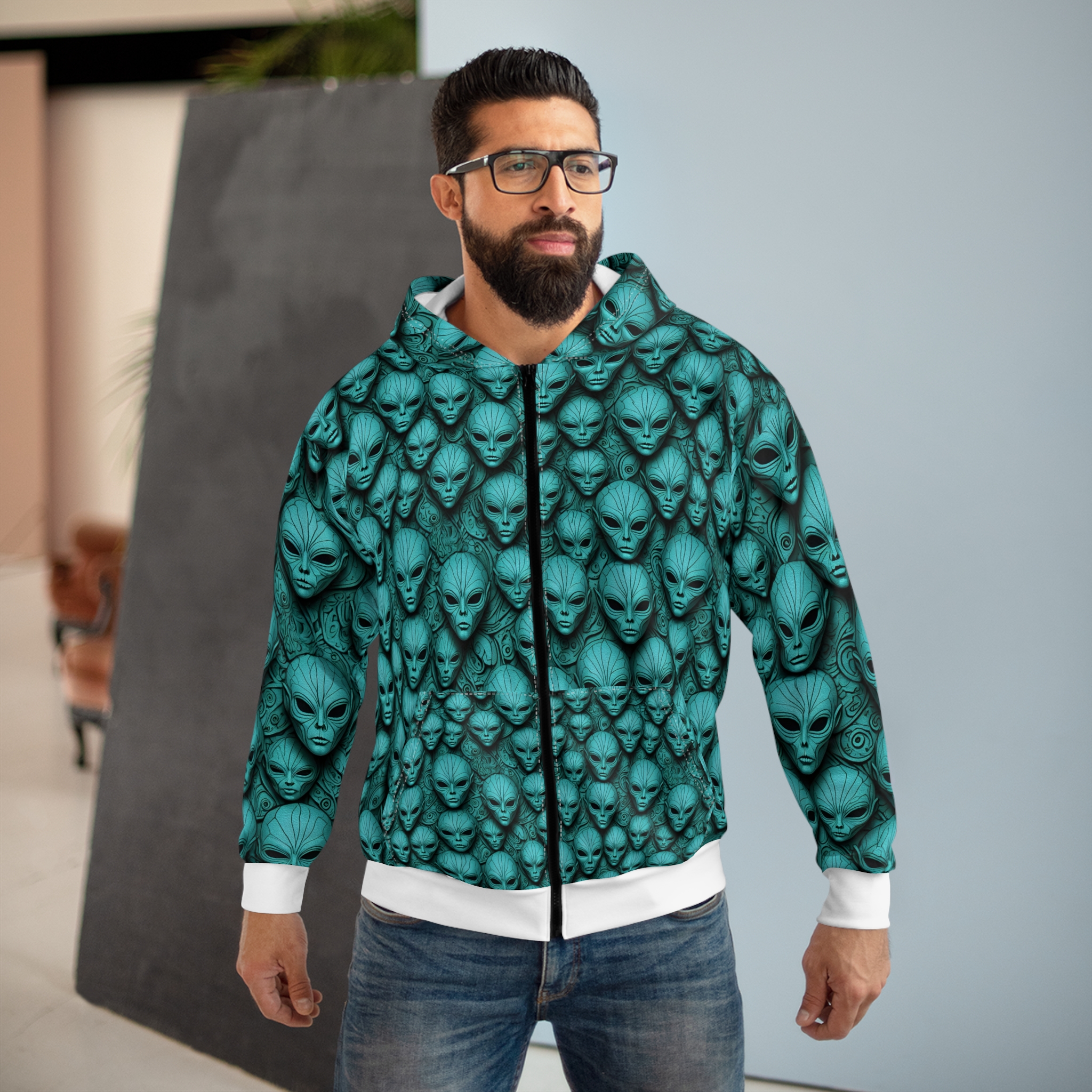 Alien Print Unisex Zip Hoodie - Unique and Stylish Outerwear for Sci-Fi Lovers - Image 3